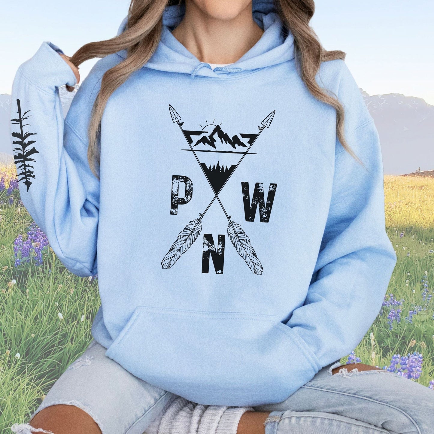 PNW Arrows and Mountains Hoodie with Pine Trees Sleeve Design