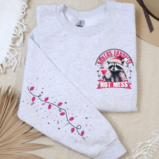 Santas Hot Mess Raccoon, Pocket and Sleeve Design, Softstyle Sweatshirt