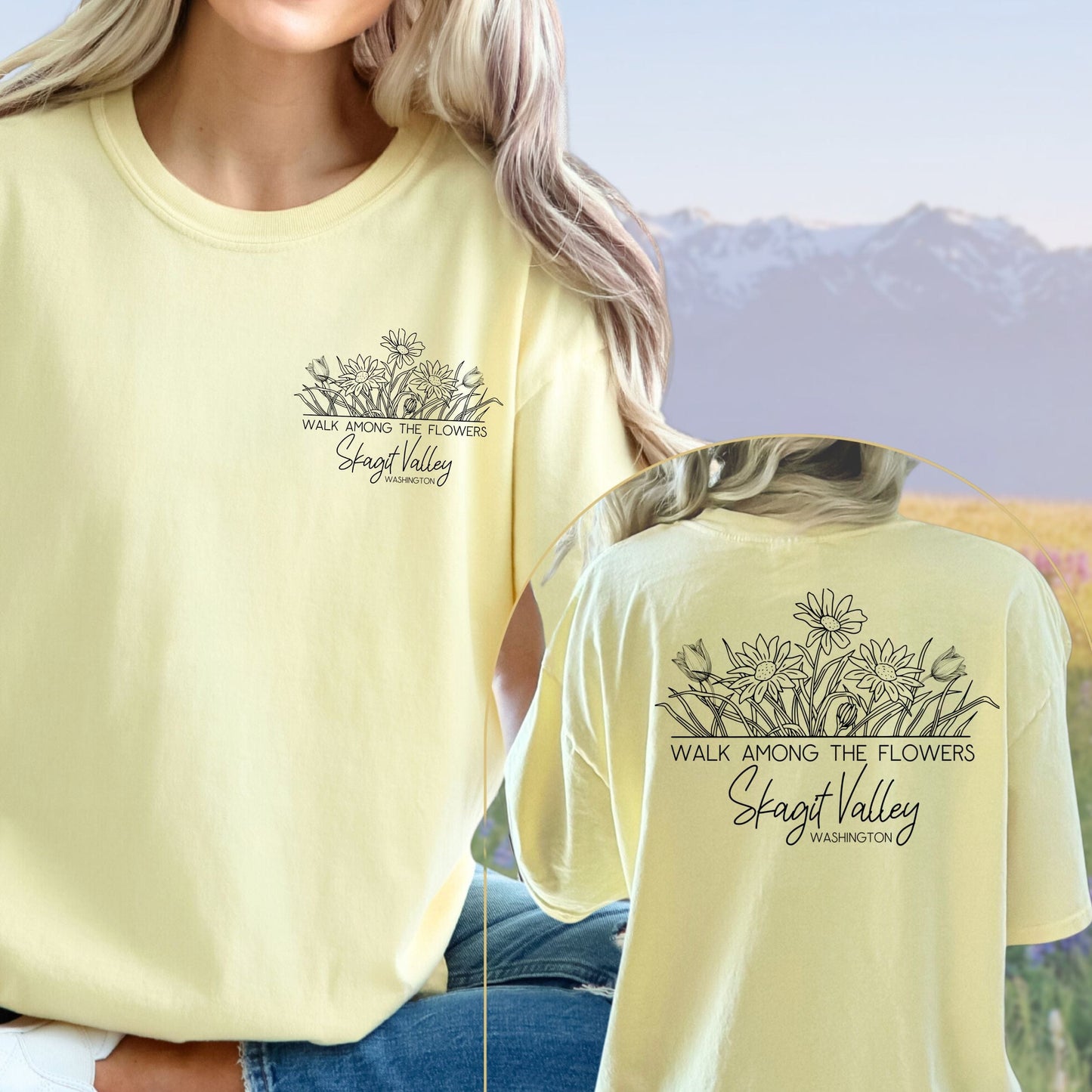 Skagit Valley Washington, Floral Line Art Pocket and Back Design, Vintage Style Tee