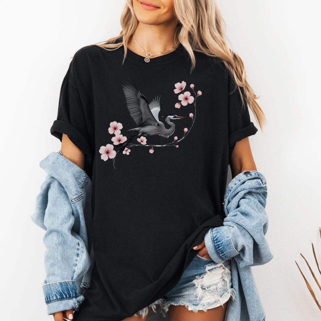 Cherry Blossoms Heron Flight Vintage Style Tee