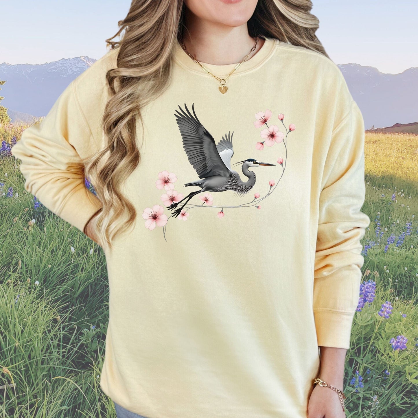 Cherry Blossom Heron Flight Vintage Style Crewneck Sweatshirt