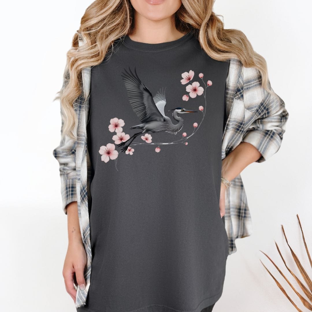 Cherry Blossoms Heron Flight Vintage Style Tee