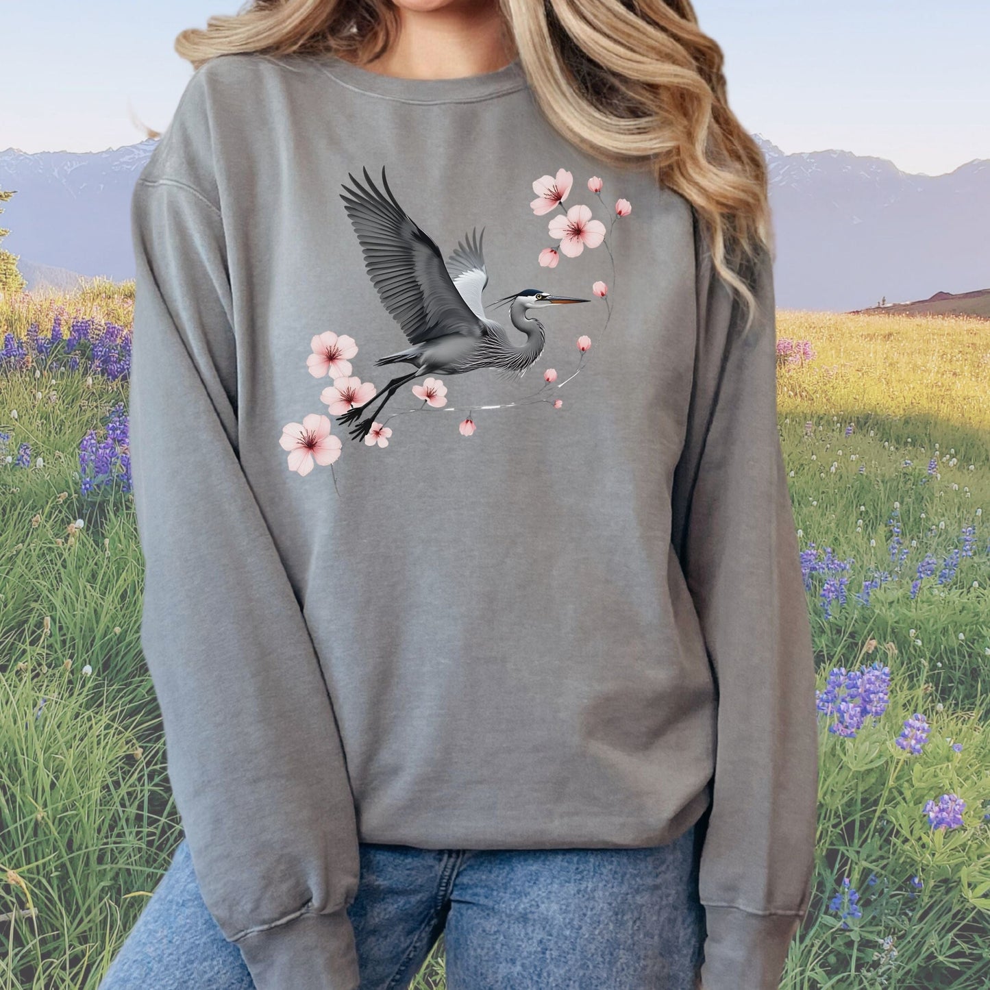 Cherry Blossom Heron Flight Vintage Style Crewneck Sweatshirt