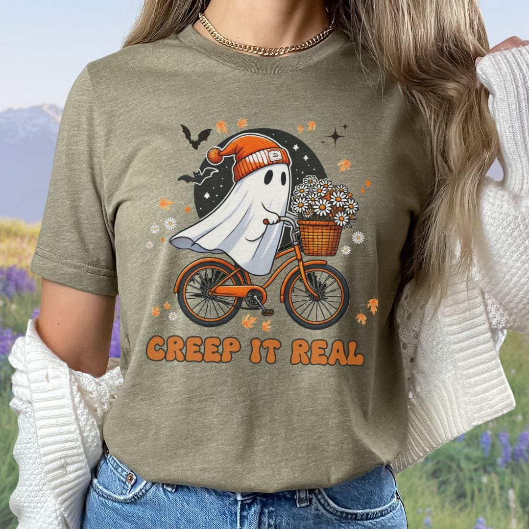 Creep it Real, Halloween Ghost on Bicycle Softstyle Tee