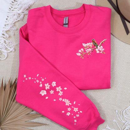 Floral Bird, Pocket and Sleeve Design, Softstyle Sweatshirt