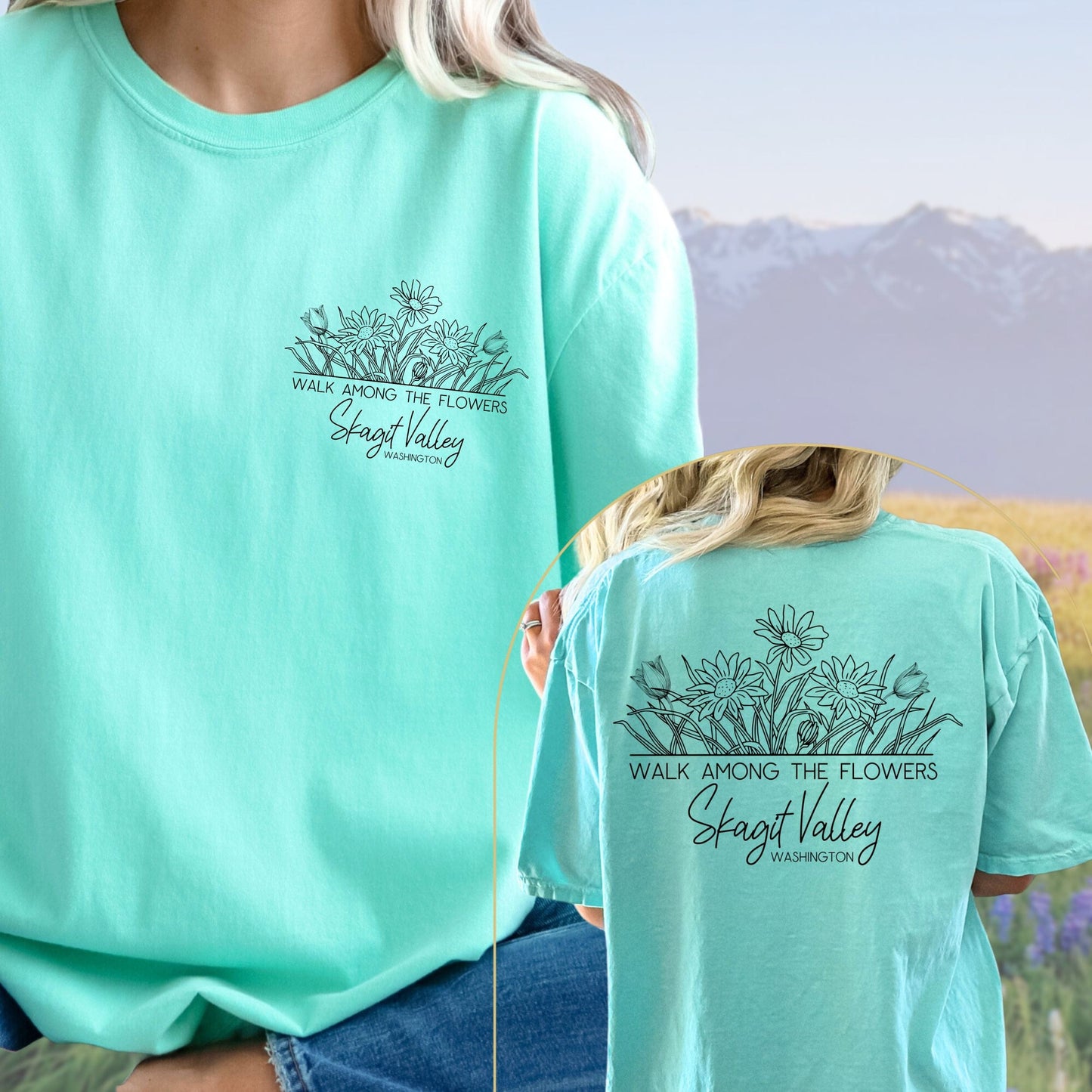 Skagit Valley Washington, Floral Line Art Pocket and Back Design, Vintage Style Tee