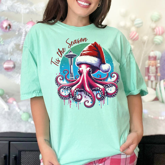 Tis The Season, Seattle Santa Octopus Vintage Style Tee