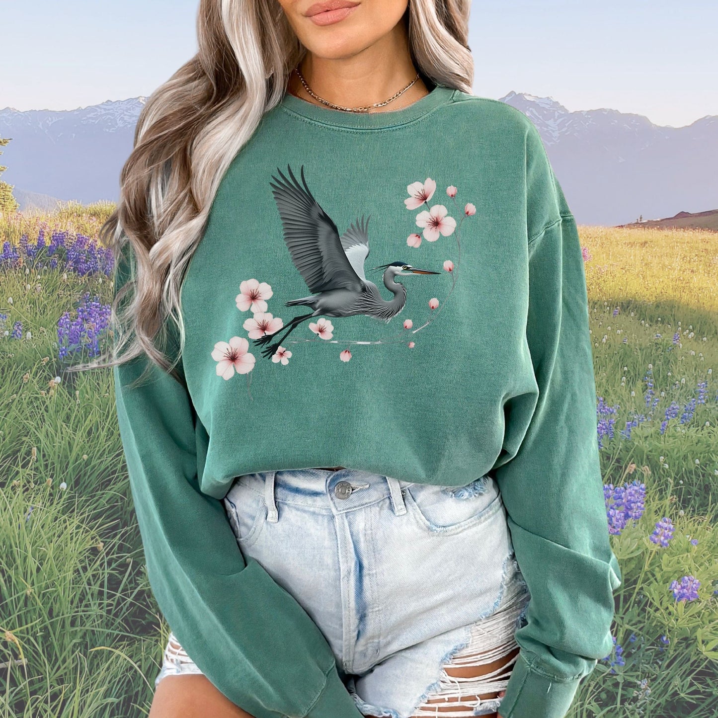 Cherry Blossom Heron Flight Vintage Style Crewneck Sweatshirt