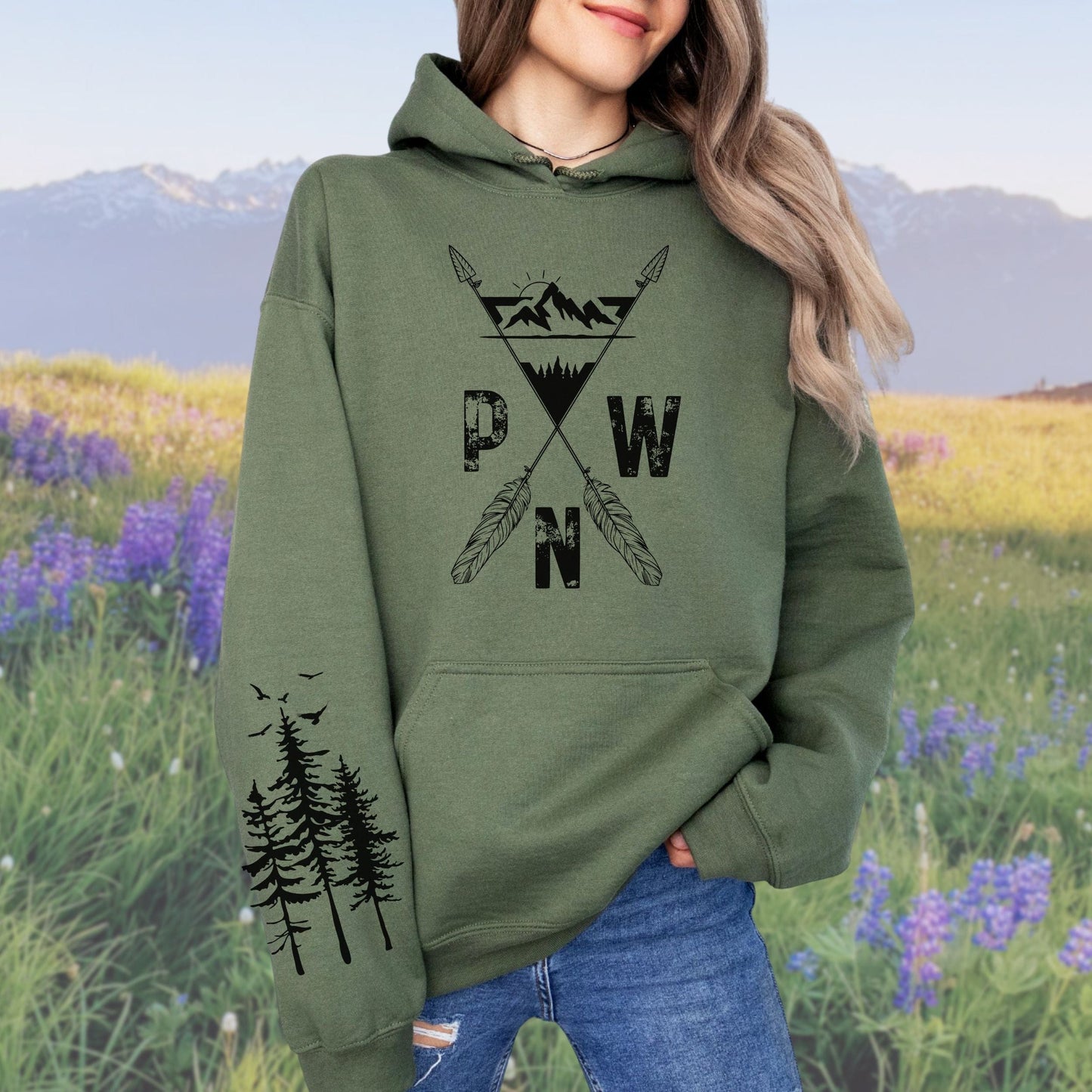 PNW Arrows and Mountains Hoodie with Pine Trees Sleeve Design