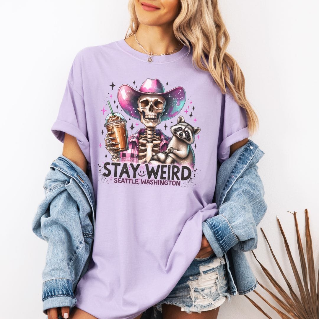 Stay Weird Seattle - Skeleton Cowgirl Coffee & Racoon, Vintage Style Tee