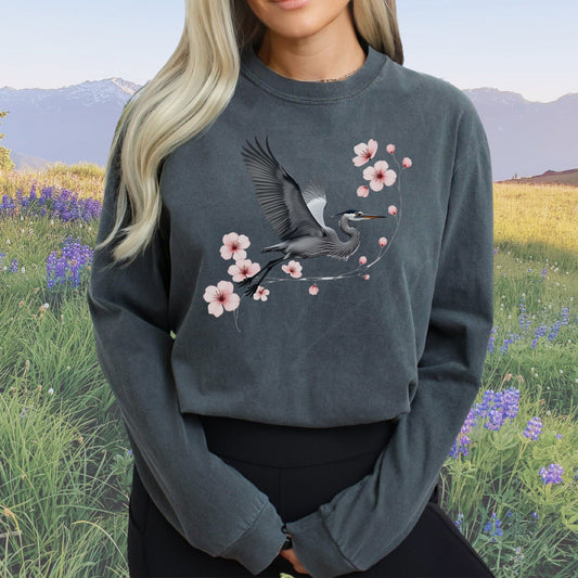 Cherry Blossom Heron Flight Vintage Style Crewneck Sweatshirt