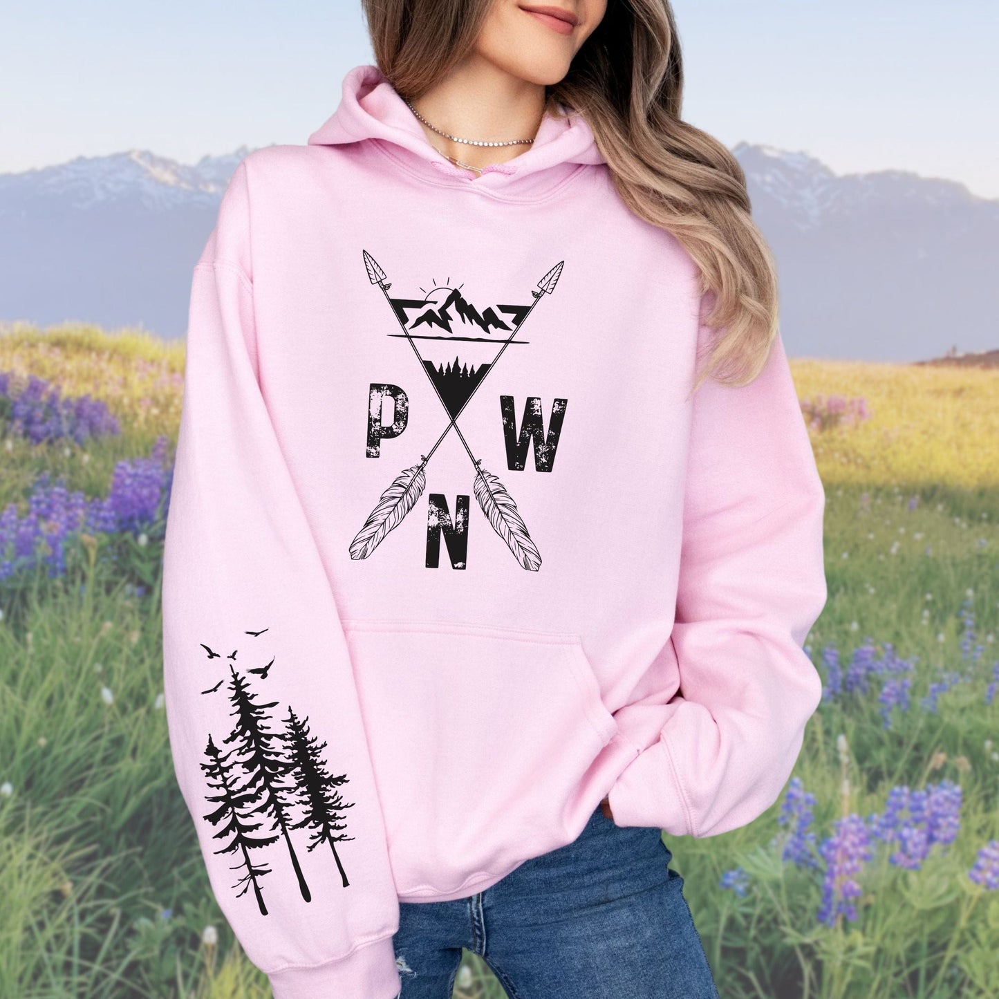 PNW Arrows and Mountains Hoodie with Pine Trees Sleeve Design