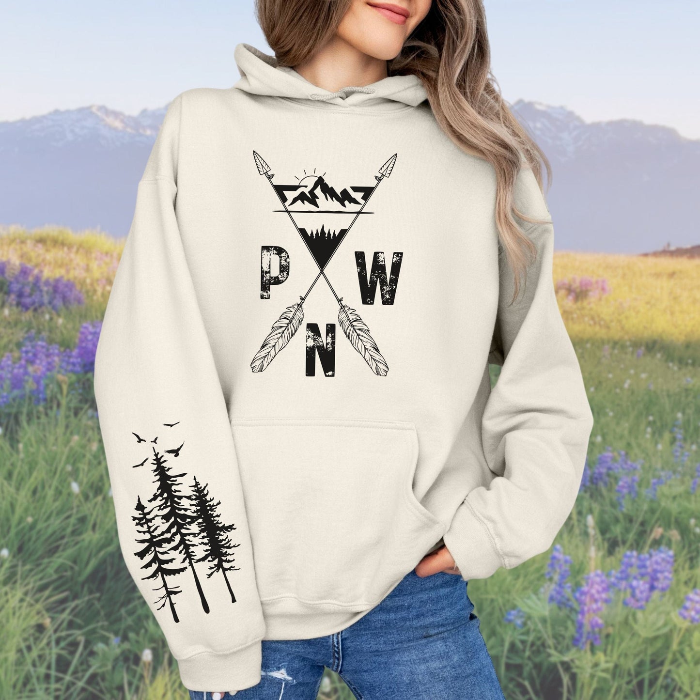 PNW Arrows and Mountains Hoodie with Pine Trees Sleeve Design