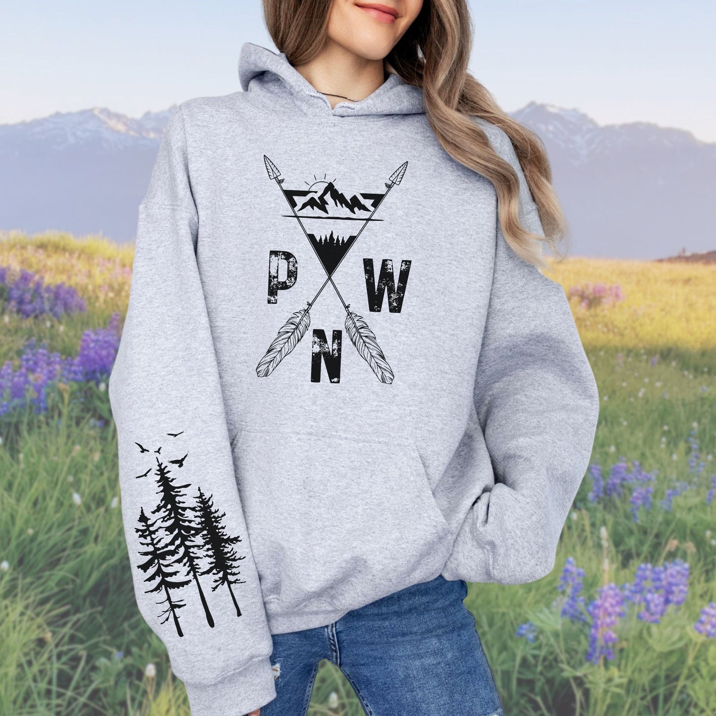 PNW Arrows and Mountains Hoodie with Pine Trees Sleeve Design