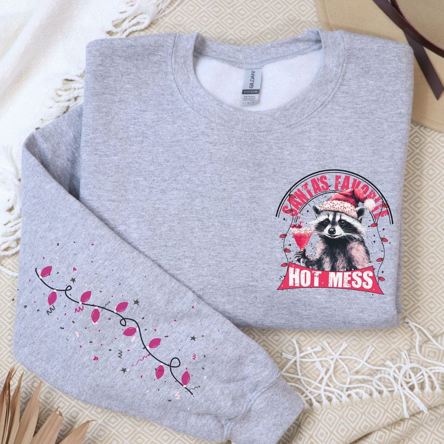 Santas Hot Mess Raccoon, Pocket and Sleeve Design, Softstyle Sweatshirt