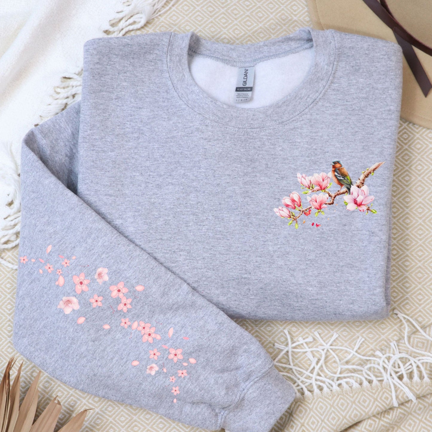 Floral Bird, Pocket and Sleeve Design, Softstyle Sweatshirt