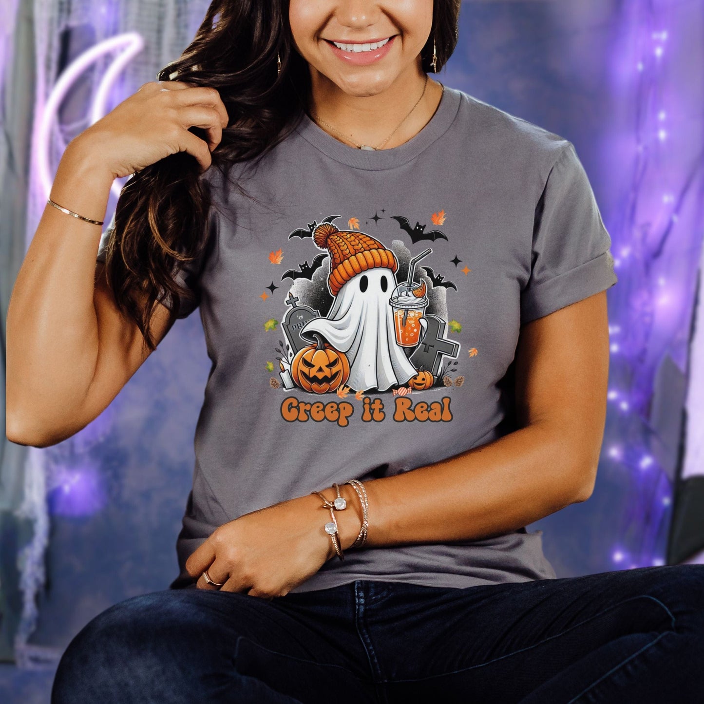 Creep it Real, Halloween Ghost on Bicycle Softstyle Tee