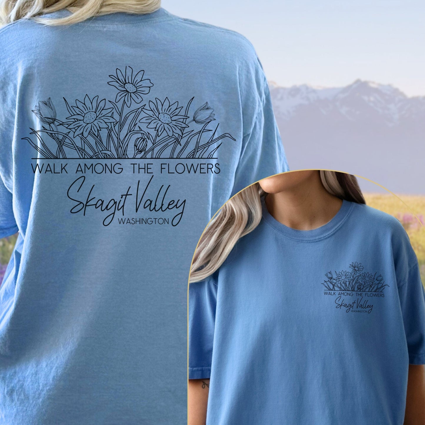 Skagit Valley Washington, Floral Line Art Pocket and Back Design, Vintage Style Tee