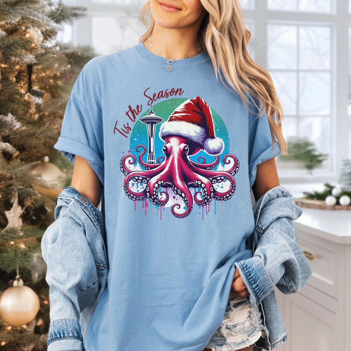 Tis The Season, Seattle Santa Octopus Vintage Style Tee