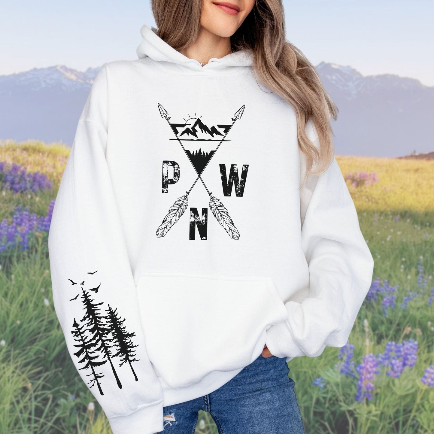 PNW Arrows and Mountains Hoodie with Pine Trees Sleeve Design