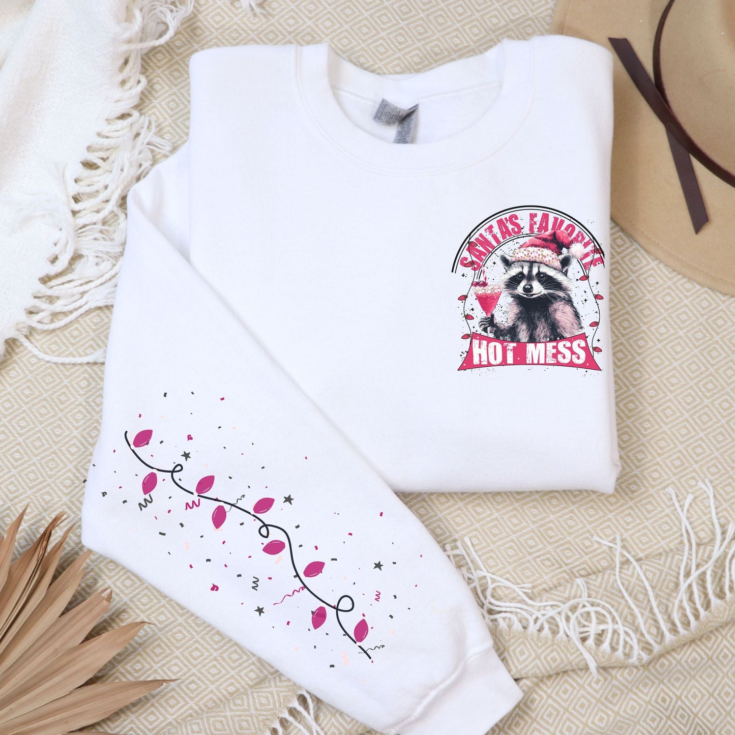 Santas Hot Mess Raccoon, Pocket and Sleeve Design, Softstyle Sweatshirt