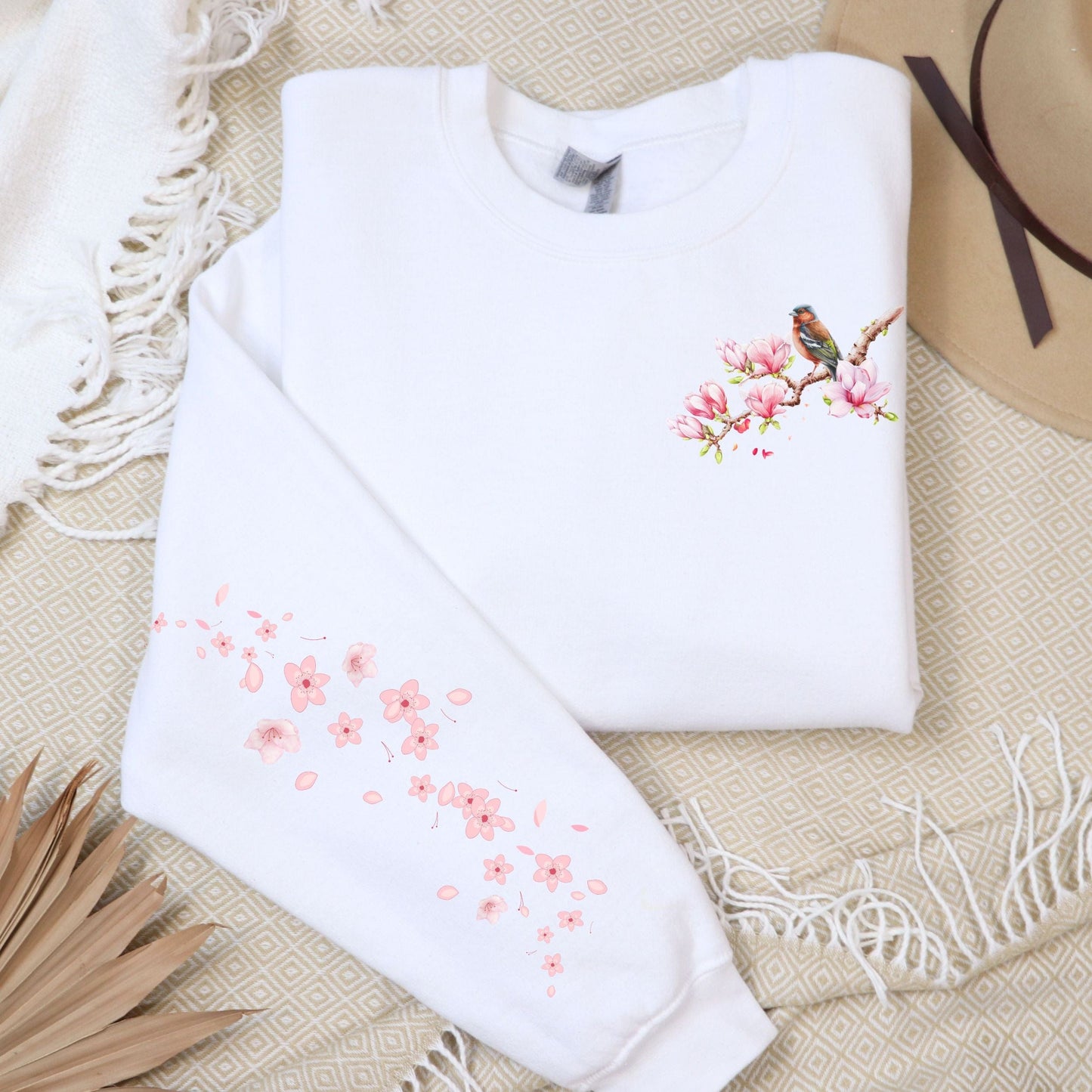 Floral Bird, Pocket and Sleeve Design, Softstyle Sweatshirt