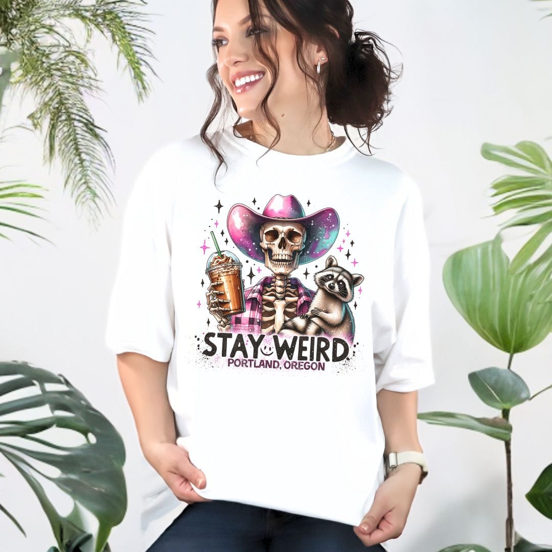 Skeleton Cowgirl Coffee & Racoon, Vintage Style Tee - Stay Weird Portland, Oregon Tee