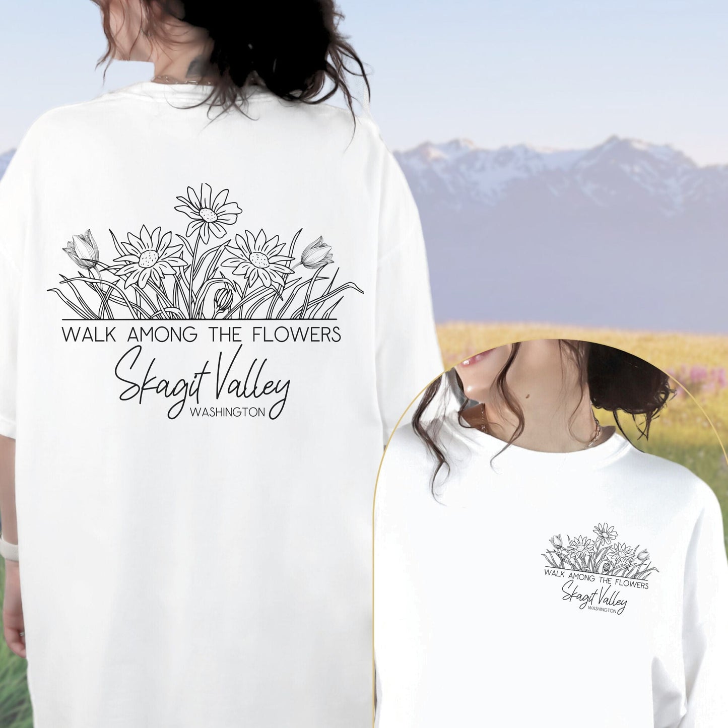 Skagit Valley Washington, Floral Line Art Pocket and Back Design, Vintage Style Tee