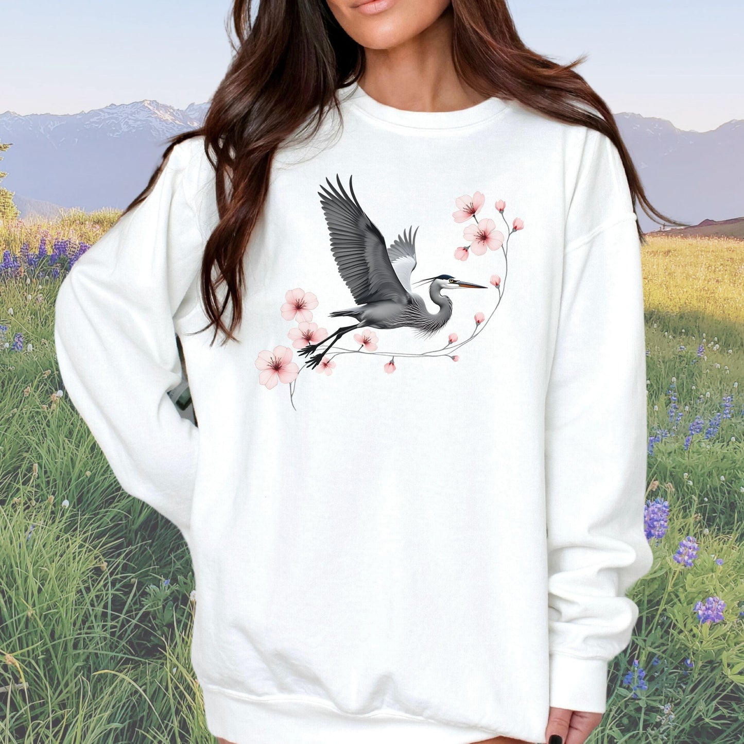 Cherry Blossom Heron Flight Vintage Style Crewneck Sweatshirt