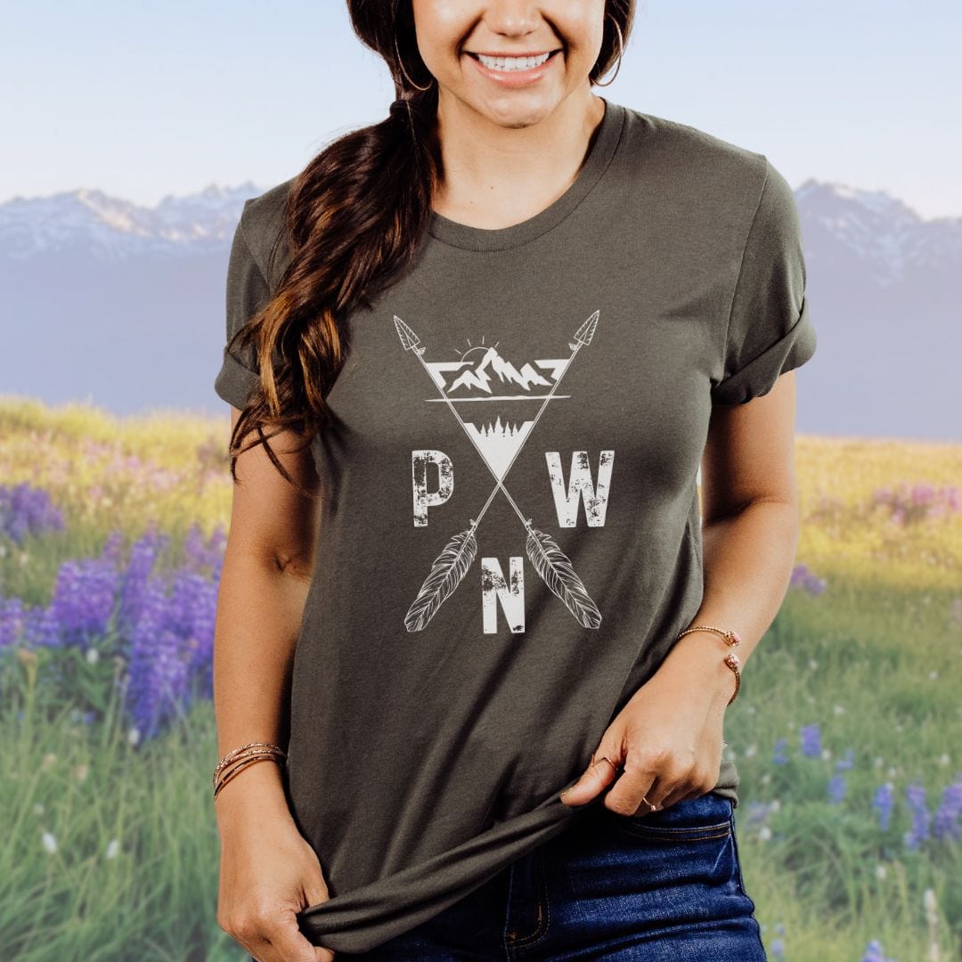 PNW Arrows and Mountains Hiking Softstyle Tee in White Letters