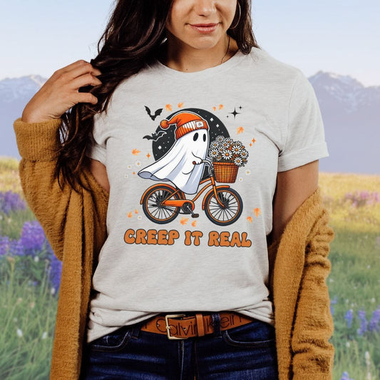 Creep it Real, Halloween Ghost on Bicycle Softstyle Tee