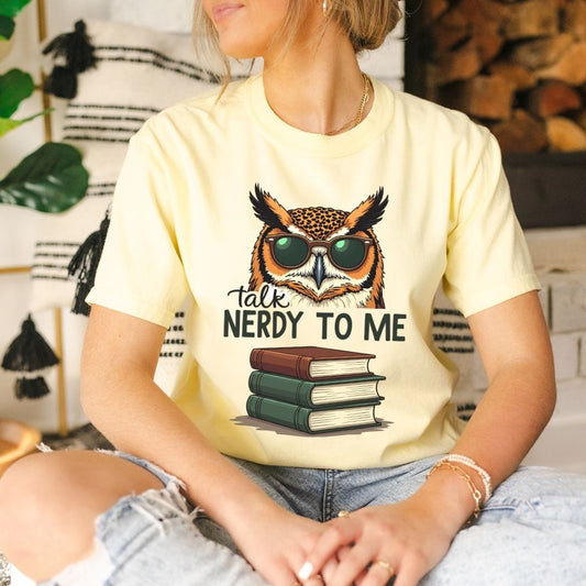 Talk Nerdy To Me - Bookish Owl Vintage Style Tee