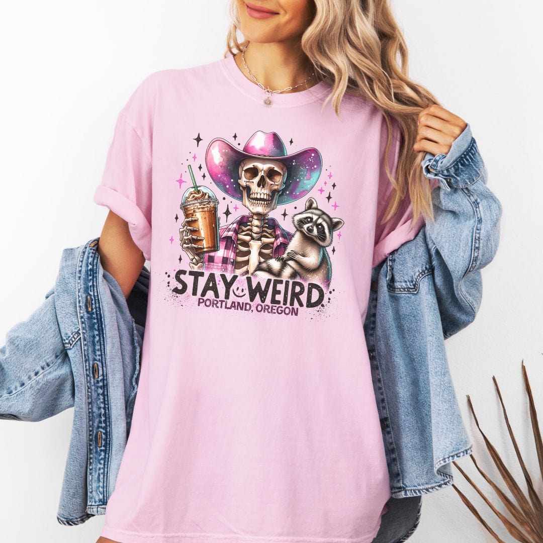 Skeleton Cowgirl Coffee & Racoon, Vintage Style Tee - Stay Weird Portland, Oregon Tee