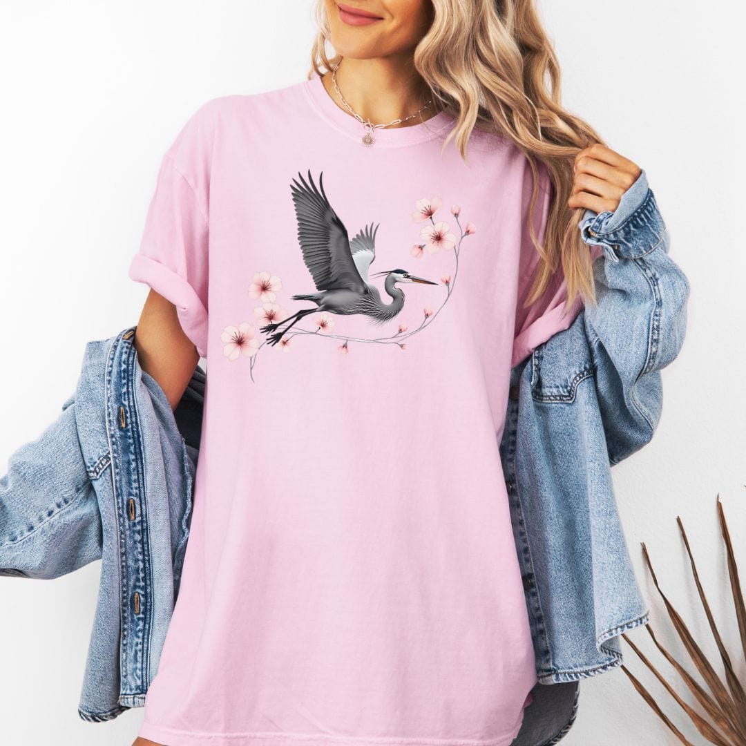 Cherry Blossoms Heron Flight Vintage Style Tee