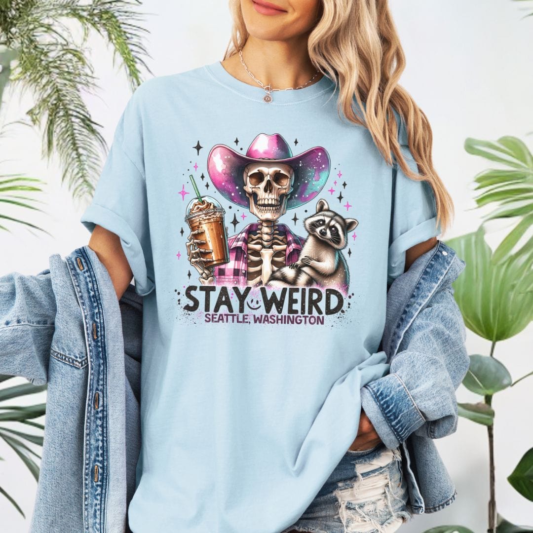 Stay Weird Seattle - Skeleton Cowgirl Coffee & Racoon, Vintage Style Tee