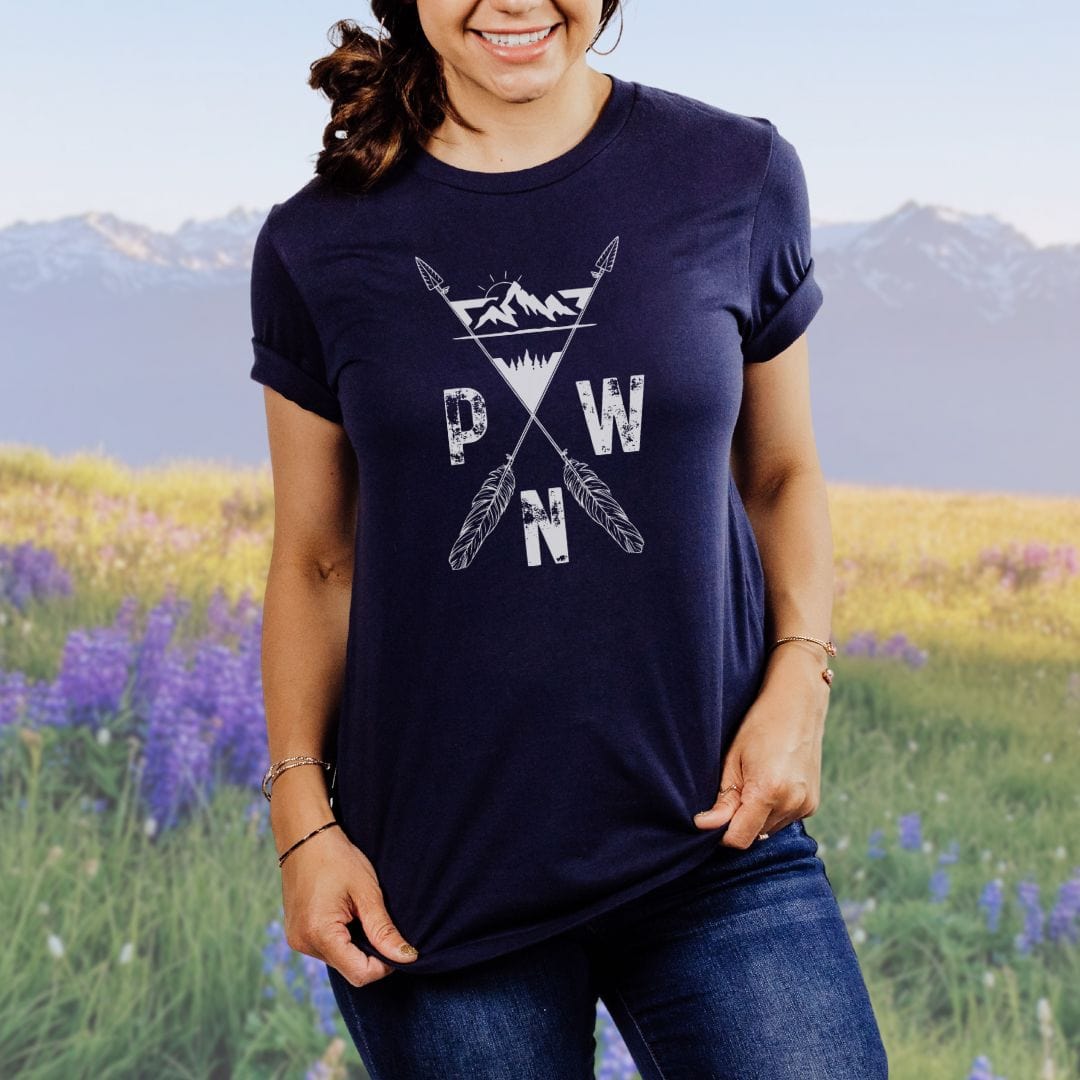 PNW Arrows and Mountains Hiking Softstyle Tee in White Letters