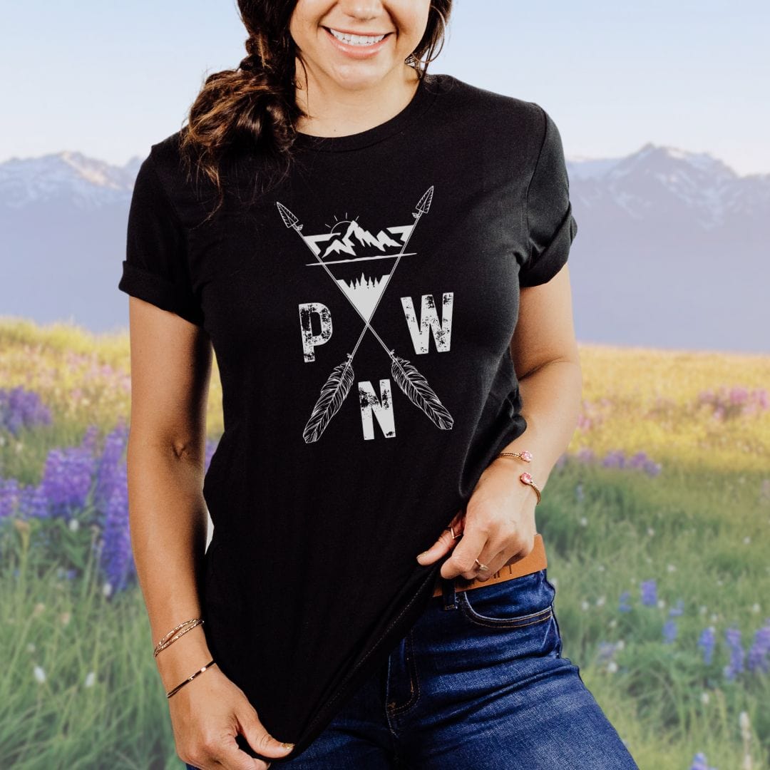 PNW Arrows and Mountains Hiking Softstyle Tee in White Letters