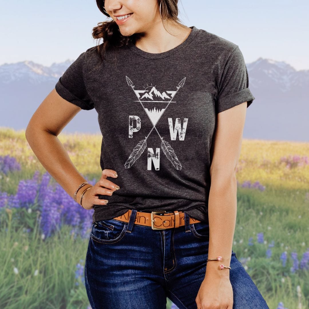 PNW Arrows and Mountains Hiking Softstyle Tee in White Letters