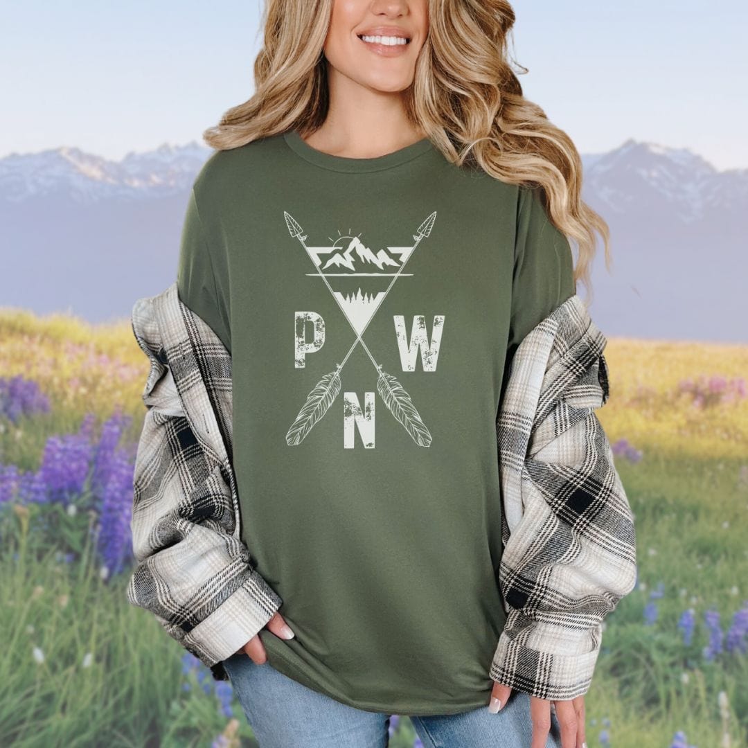 PNW Arrows and Mountains Hiking Softstyle Tee in White Letters