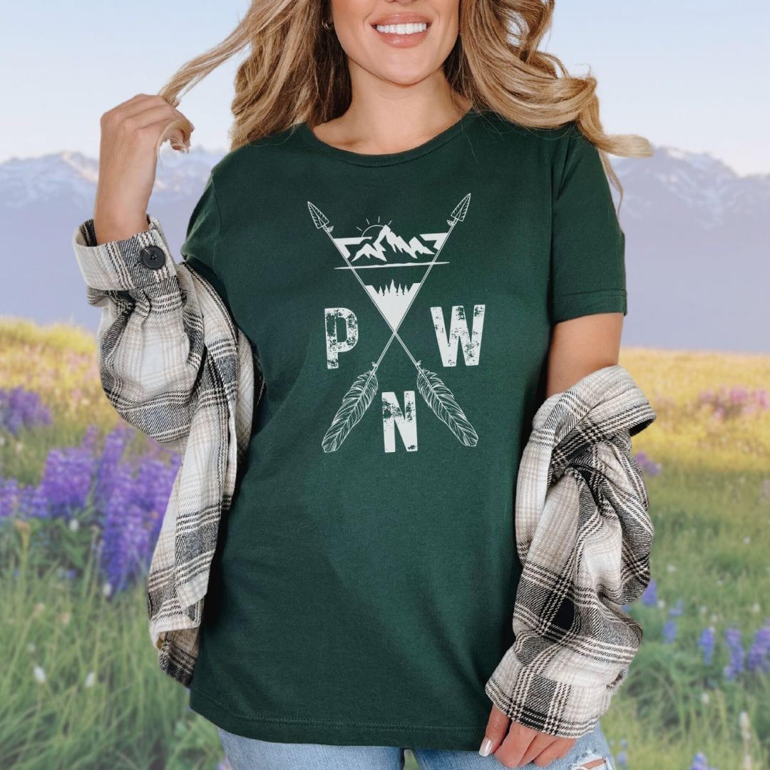 PNW Arrows and Mountains Hiking Softstyle Tee in White Letters